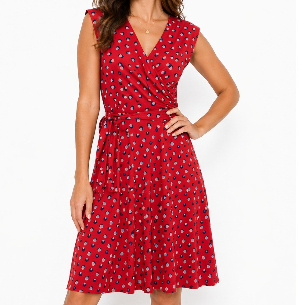 Leota Red Blue Polka Dot Faux Wrap Dress Medium Petite Sleeveless V-Neck Stretch